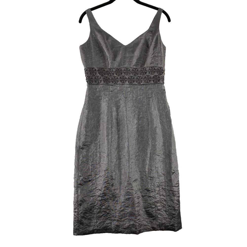 Adrianna Papell Dress Women's 6 Black Silver Sheen Sheath Beaded Evening Preppy‎